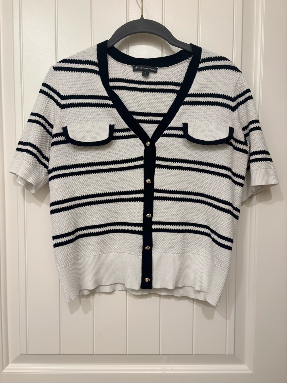 Adrianna Papell White and Black Striped Button Up Short Sleeve Cardigan Medium